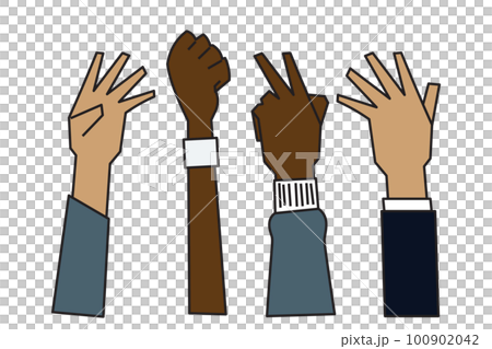 people raising hands that are different Ethnicity, gender, age and skin color 100902042