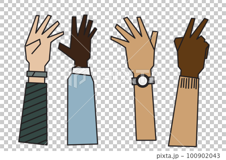 people raising hands that are different Ethnicity, gender, age and skin color 100902043