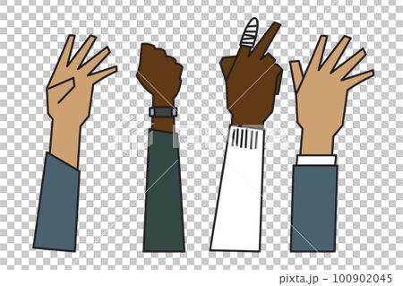people raising hands that are different Ethnicity, gender, age and skin color 100902045