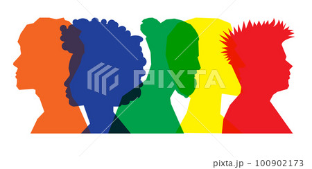 Colored silhouette people, Multiple exposure, Concept on diversity and teamwork Colored silhouette people, Multiple exposure, Concept on diversity and teamwork 100902173