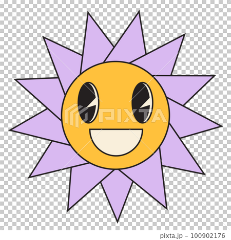 Groovy sun cartoon characters. Funny happy sun with eyes and smile. Groovy sun cartoon characters. Funny happy sun with eyes and smile. 100902176