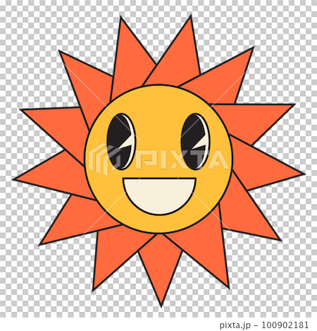 Groovy sun cartoon characters. Funny happy sun with eyes and smile. 100902181