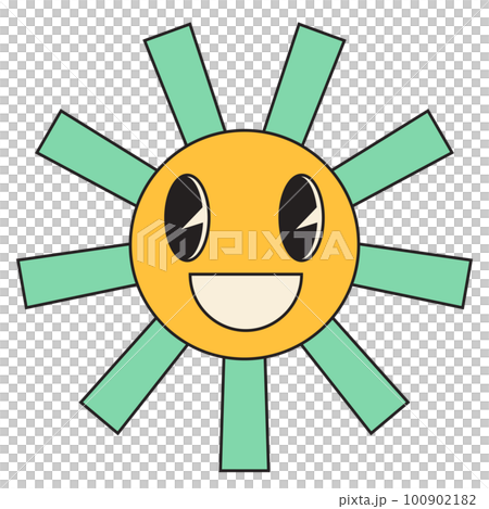 Groovy sun cartoon characters. Funny happy sun with eyes and smile. 100902182