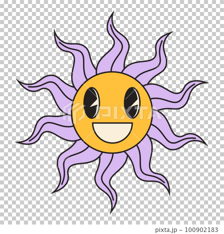 Groovy sun cartoon characters. Funny happy sun with eyes and smile. Groovy sun cartoon characters. Funny happy sun with eyes and smile. 100902183