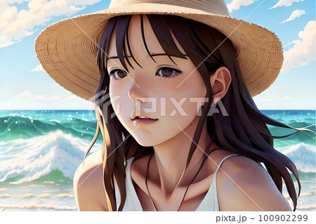 夏の少女 AI画像 イラスト 麦わら帽子をかぶった女の子のイラスト素材 