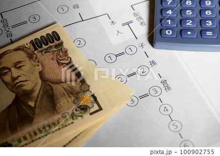 等親図の上に置かれた一万円札と電卓、相続イメージ 100902755