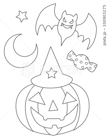 ハロウィンのカボチャとコウモリの塗り絵 100903275