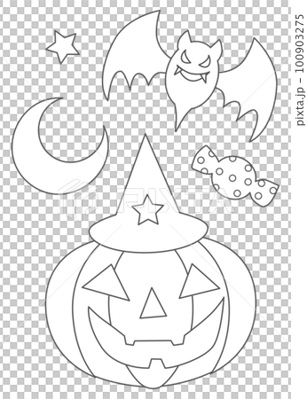 ハロウィンのカボチャとコウモリの塗り絵 100903275