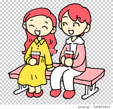 Men and women pink sitting on a bench and talking Men and women pink sitting on a bench and talking 100903605