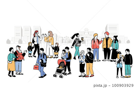 街を歩く人々の線画のイラスト 街を歩く人々の線画のイラスト 100903929