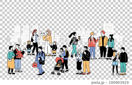 街を歩く人々の線画のイラスト 街を歩く人々の線画のイラスト 100903929