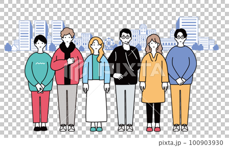 一個簡單的城市景觀和年輕人的插圖 100903930