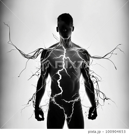 体に白い電流が走る堂々とした雰囲気の人のシルエット 100904653