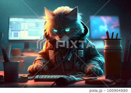 A digital intelligence hacker cat research with a computer. Generative AI. 100904880