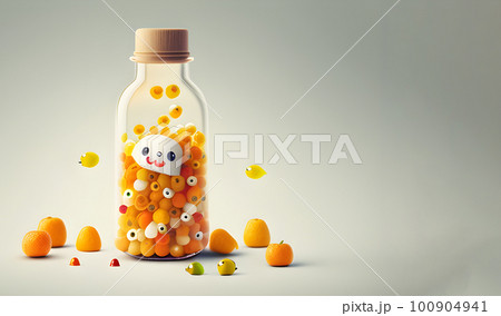 Yellow color pills and bottles designed for world health day on a white background. Generative ai. Yellow color pills and bottles designed for world health day on a white background. Generative ai. 100904941