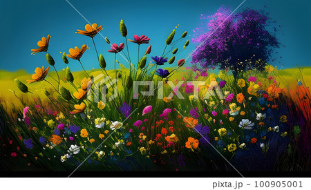Illustration of a flower meadow in spring. Ai Generated. 100905001