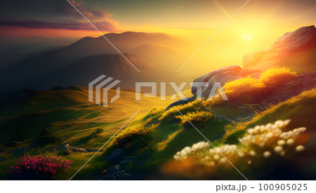 Aerial View of a Mountain Road Meandering Through a Forest of Pine Trees, with Golden Sunlight Casting its Spell on the Rolling Hills and Green Meadows. Ai generated Aerial View of a Mountain Road Meandering Through a Forest of Pine Trees, with Golden Sunlight Casting its Spell on the Rolling Hills and Green Meadows. Ai generated 100905025