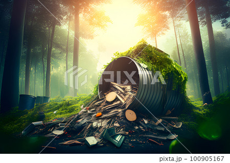 green garbage bin in the jungle for recycling. Generative ai. 100905167