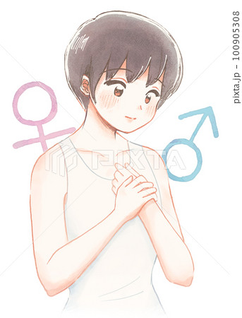 爽やか水彩イラスト・下着姿のジェンダーレスな若者 100905308