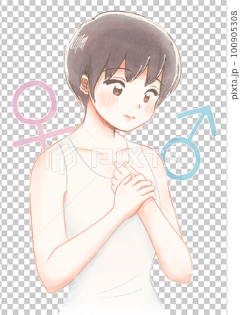 爽やか水彩イラスト・下着姿のジェンダーレスな若者 100905308