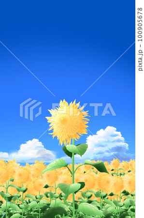 入道雲とゴッホのヒマワリ・中央 青空背景・縦型イラスト素材 差分あり 100905678