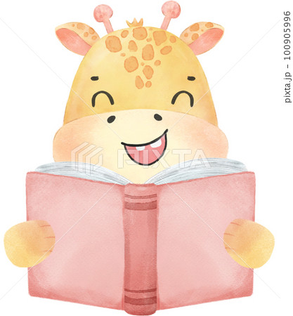 cute watercolour safari giraffe animals kid back to school reading book cartoon 100905996