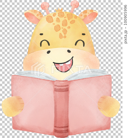 cute watercolour safari giraffe animals kid back to school reading book cartoon 100905996