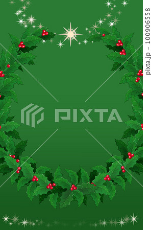 クリスマス☆縦型イラスト素材 柊のリース大とキラキラ星 緑背景 色違い・差分有 100906558