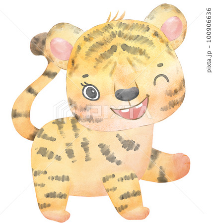 cute happy playful baby tiger watercolour kid animals wildlife cartoon painting illustration 100906636