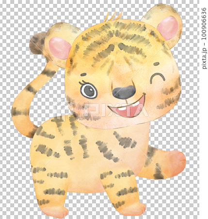 cute happy playful baby tiger watercolour kid animals wildlife cartoon painting illustration 100906636