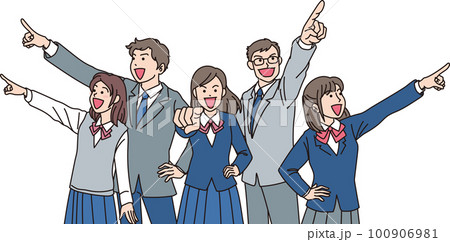 目指す_指差す_学生_にこやかな表情_5人でそれぞれの方向を目指す 100906981