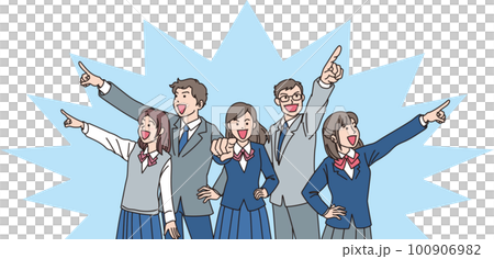 瞄準_指向_學生_微笑表情_每個方向5人瞄準_背景色 100906982