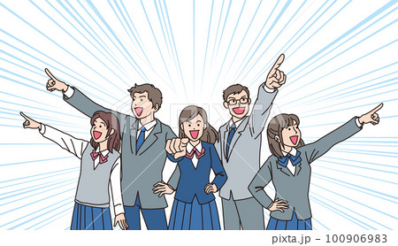 目指す_指差す_学生_にこやかな表情_5人でそれぞれの方向を目指す_集中線あり 目指す_指差す_学生_にこやかな表情_5人でそれぞれの方向を目指す_集中線あり 100906983