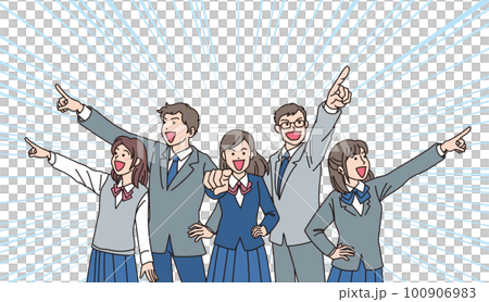 目指す_指差す_学生_にこやかな表情_5人でそれぞれの方向を目指す_集中線あり 目指す_指差す_学生_にこやかな表情_5人でそれぞれの方向を目指す_集中線あり 100906983