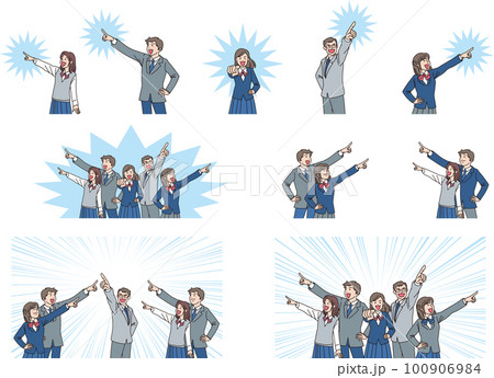 目指す_指差す_学生_にこやかな表情_背景色ありセット 100906984
