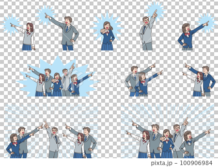 目指す_指差す_学生_にこやかな表情_背景色ありセット 100906984
