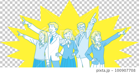 瞄準_指向_學生_微笑表情_黃色藍色_瞄準5個人中的每一個_帶背景色 100907708