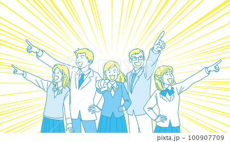 目指す_指差す_学生_にこやかな表情_イエローブルー_5人それぞれを目指す_集中線あり 目指す_指差す_学生_にこやかな表情_イエローブルー_5人それぞれを目指す_集中線あり 100907709