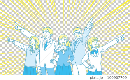 目指す_指差す_学生_にこやかな表情_イエローブルー_5人それぞれを目指す_集中線あり 目指す_指差す_学生_にこやかな表情_イエローブルー_5人それぞれを目指す_集中線あり 100907709