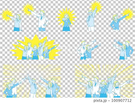 目指す_指差す_学生_にこやかな表情_イエローブルー_背景色ありセット 100907712