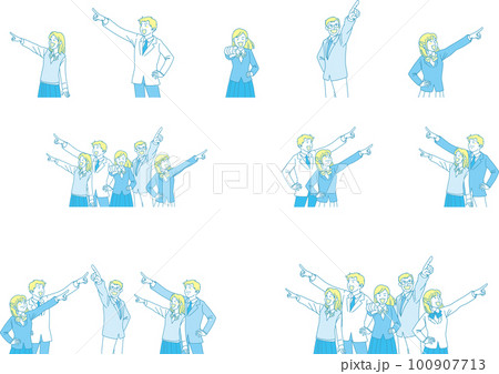 目指す_指差す_学生_にこやかな表情_イエローブルー_セット 目指す_指差す_学生_にこやかな表情_イエローブルー_セット 100907713