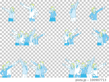 目指す_指差す_学生_にこやかな表情_イエローブルー_セット 目指す_指差す_学生_にこやかな表情_イエローブルー_セット 100907713
