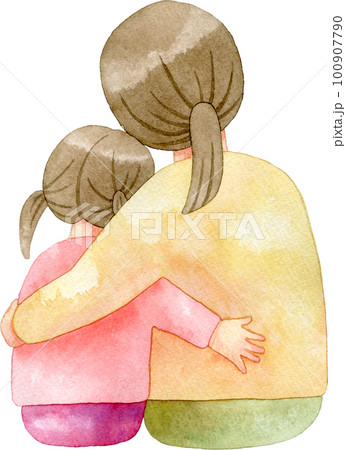 肩を寄せ合う後ろ姿の親子の水彩イラスト(母親と女の子) 肩を寄せ合う後ろ姿の親子の水彩イラスト(母親と女の子) 100907790