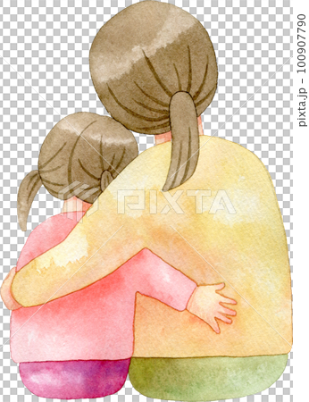 肩を寄せ合う後ろ姿の親子の水彩イラスト(母親と女の子) 肩を寄せ合う後ろ姿の親子の水彩イラスト(母親と女の子) 100907790