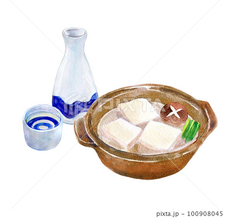 日本酒と湯豆腐　晩酌セット　水彩イラスト 100908045