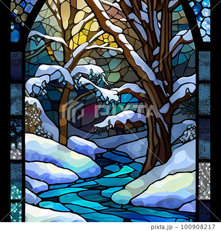 夜の雪景色と二匹の狼 ヴィンテージ ステンドグラス 大型 グラスマスターズ社 夜の雪景色と二匹の狼 ヴィンテージ ステンドグラス 大型 グラス