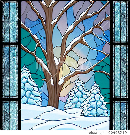 冬の森と雪 ステンドグラス風イラスト AI画像のイラスト素材 