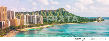 Hawaii waikiki beach in Honolulu city, aerial view of Diamond Head famous landmark travel landscape destination in Oahu island, USA. Banner panorama 100908605