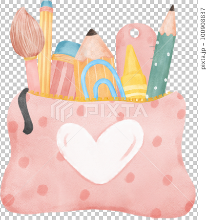 cute pastel school pencil stationary girly pouch bag  stationary cartoon  watercolour illustration cute pastel school pencil stationary girly pouch bag  stationary cartoon  watercolour illustration 100908837