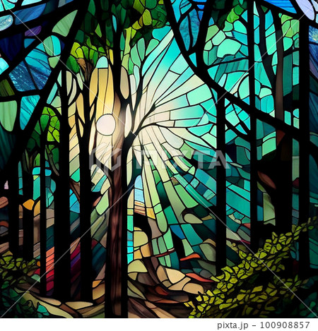 幻想的な森の中 ステンドグラス風イラスト AI画像のイラスト素材